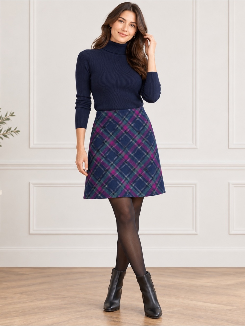 Talbots Women’s Size 12 Wool Plaid A-Line Mini Skirt Navy Blue Purple Green NWT
